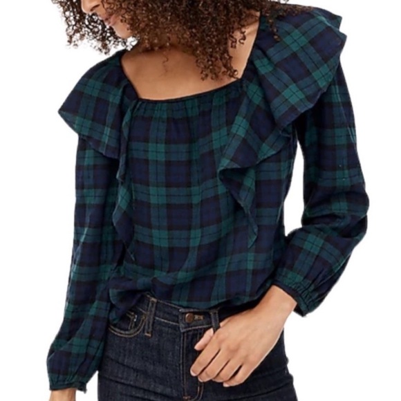 J. Crew Plaid Ruffle Flannel Top Sz L - Picture 1 of 4